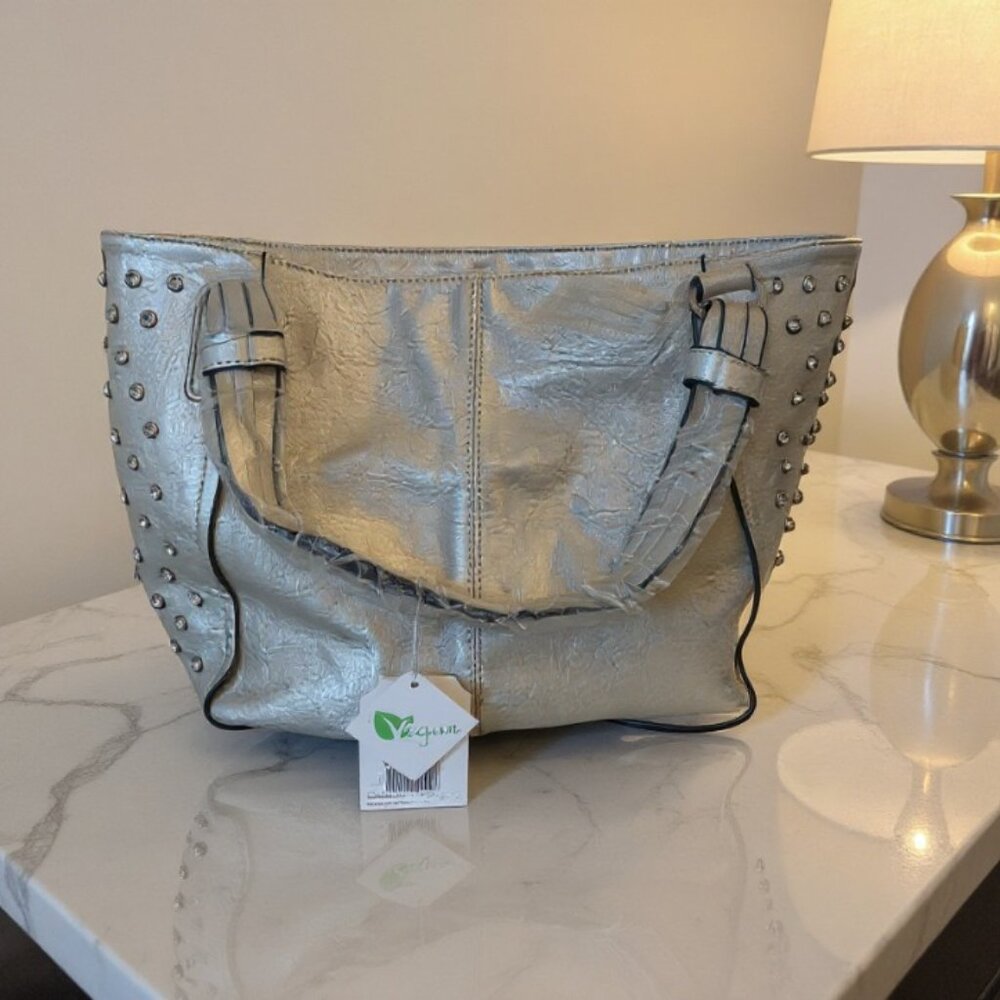 BRAND NEW W/Tags- Stylish Metallic Gold Rhinestone Studded Large Tote Bag
